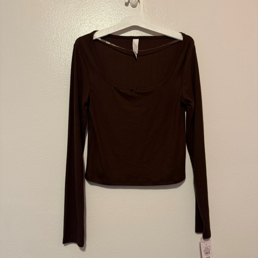 Auden Women Brown Ribbed Long Sleeve Sleep Top Scoop Neck Bow Detail Small NWT